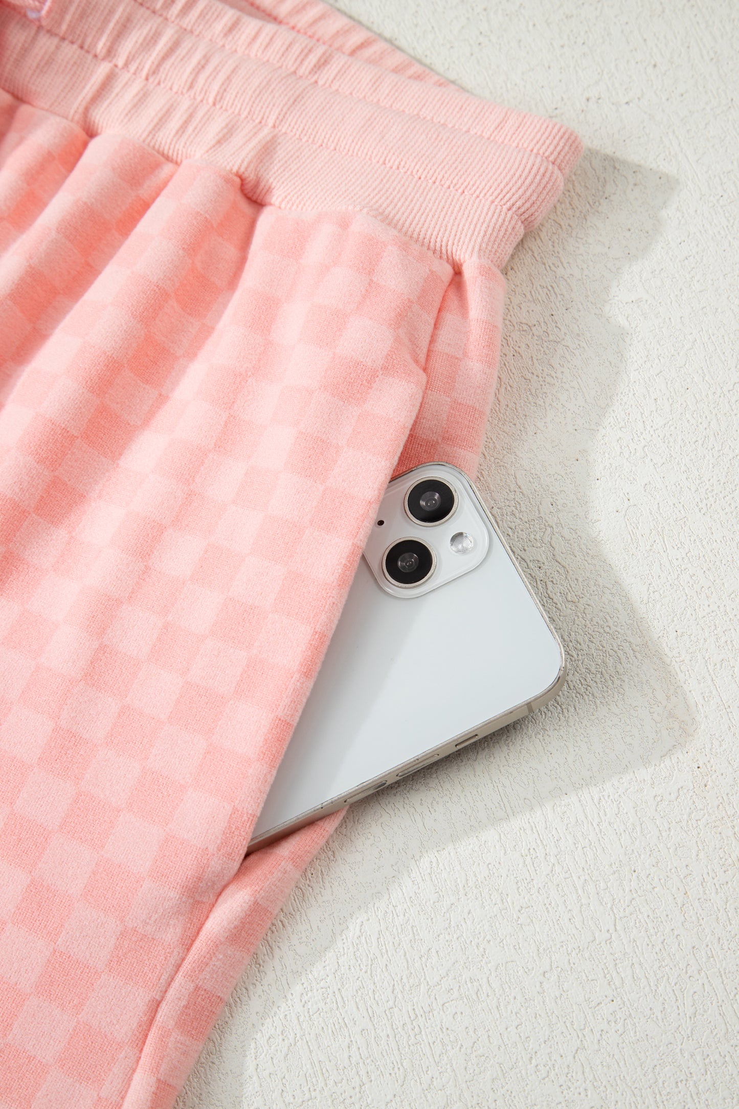 Pink Checkerboard Long Sleeve Pullover and Shorts Set