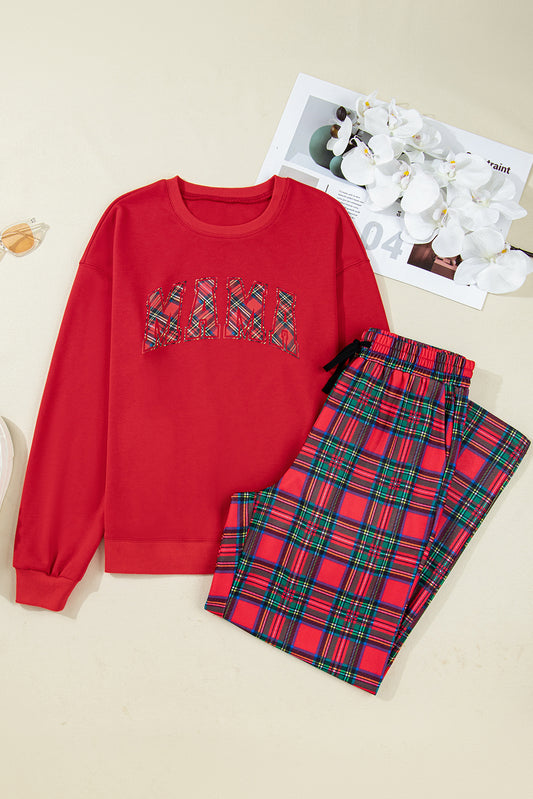 Red Plaid Mama Graphic Christmas Holiday Crewneck Pullover and Pants Two Piece Lounge Set