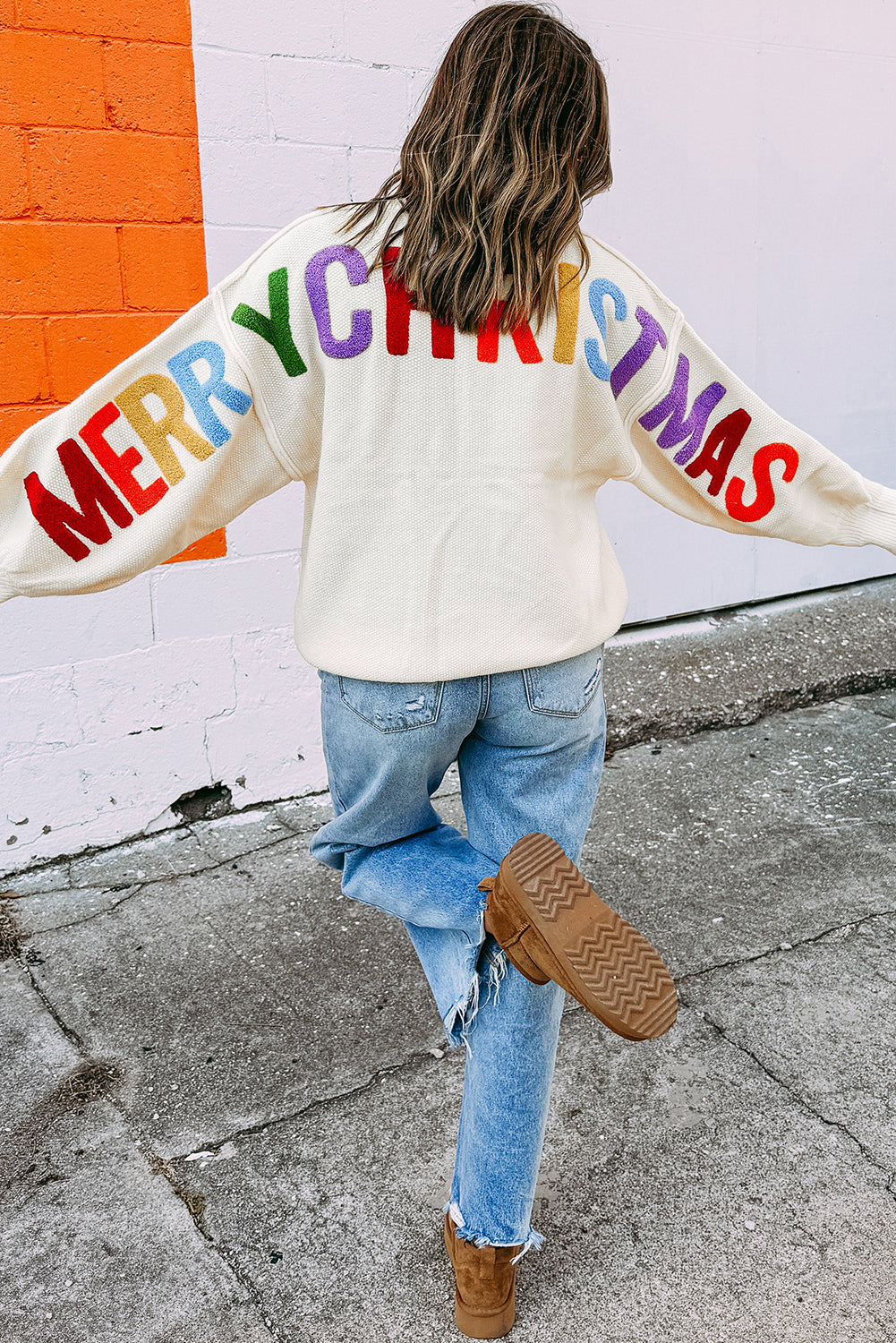 White HOHOHO MERRY CHRISTMAS Chenille Graphic Drop Shoulder Holiday Sweater