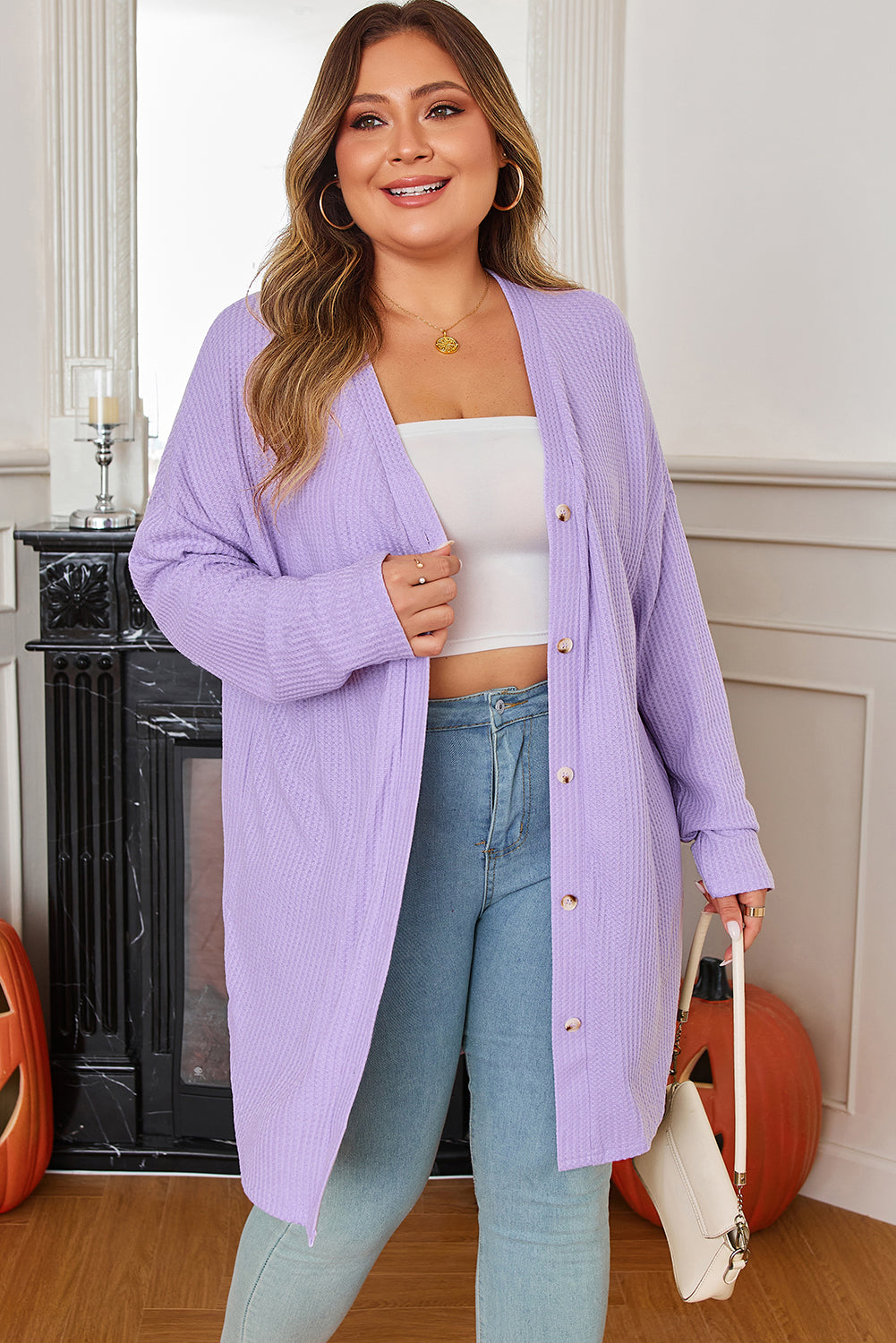 Orchid Petal Plus Size Waffle Knit Button Front Cardigan