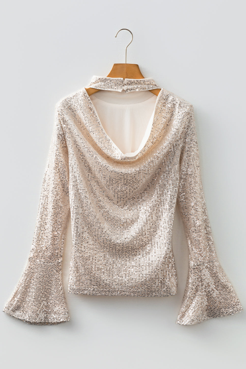Jet Stream Sequin Mock Neck Drape Open Back Bell Sleeve Top