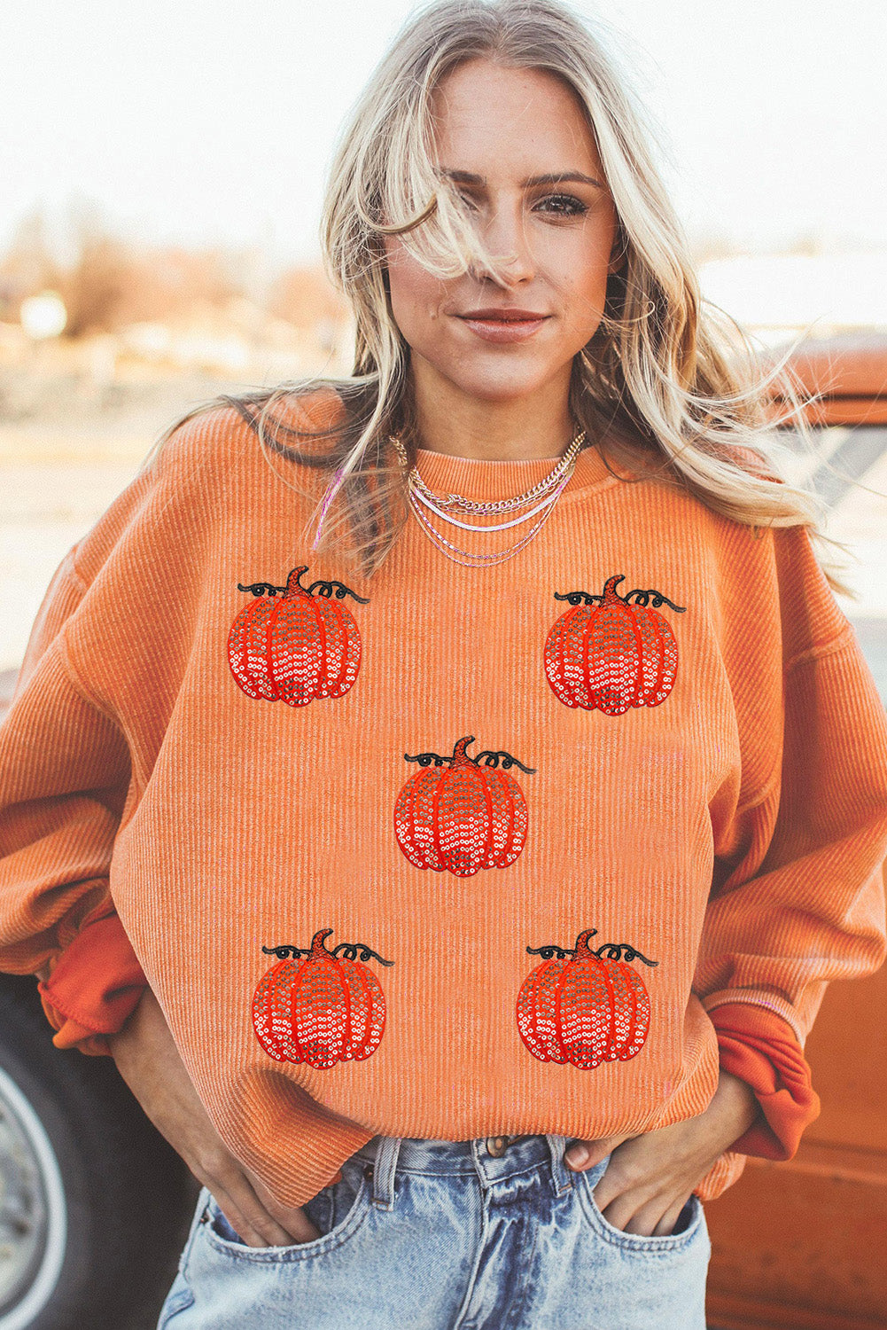 Orange Sequin Pumpkin Patched Twisted Rib Baggy Sweatshirt