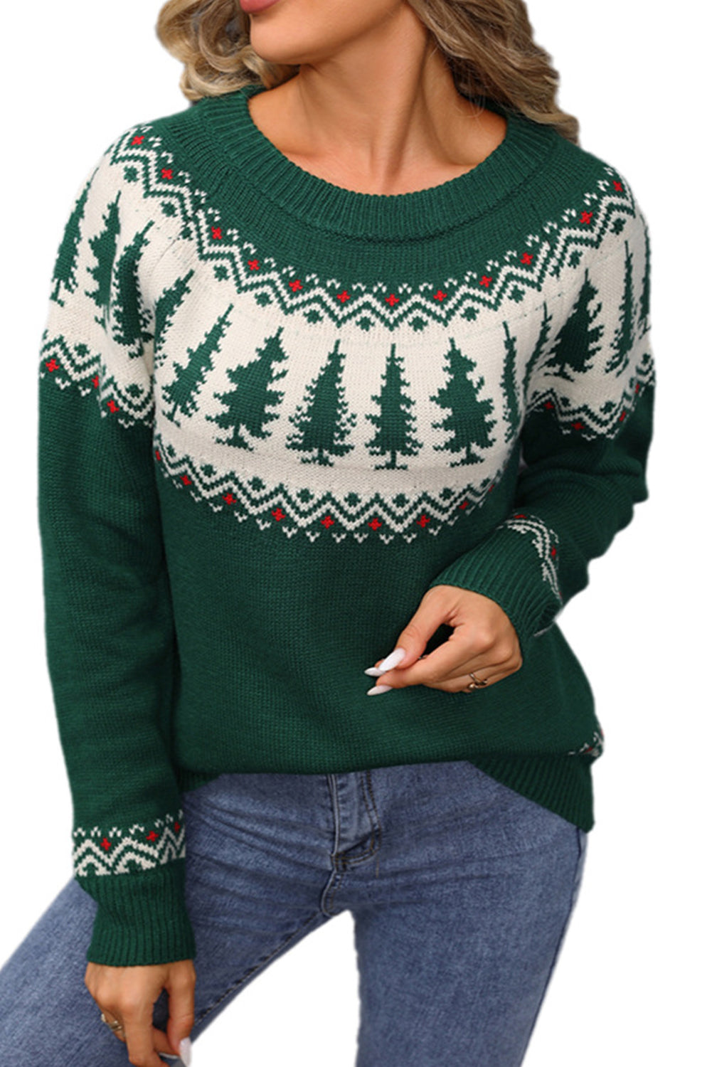 Blackish Green Christmas Tree Geometric Print Retro Sweater