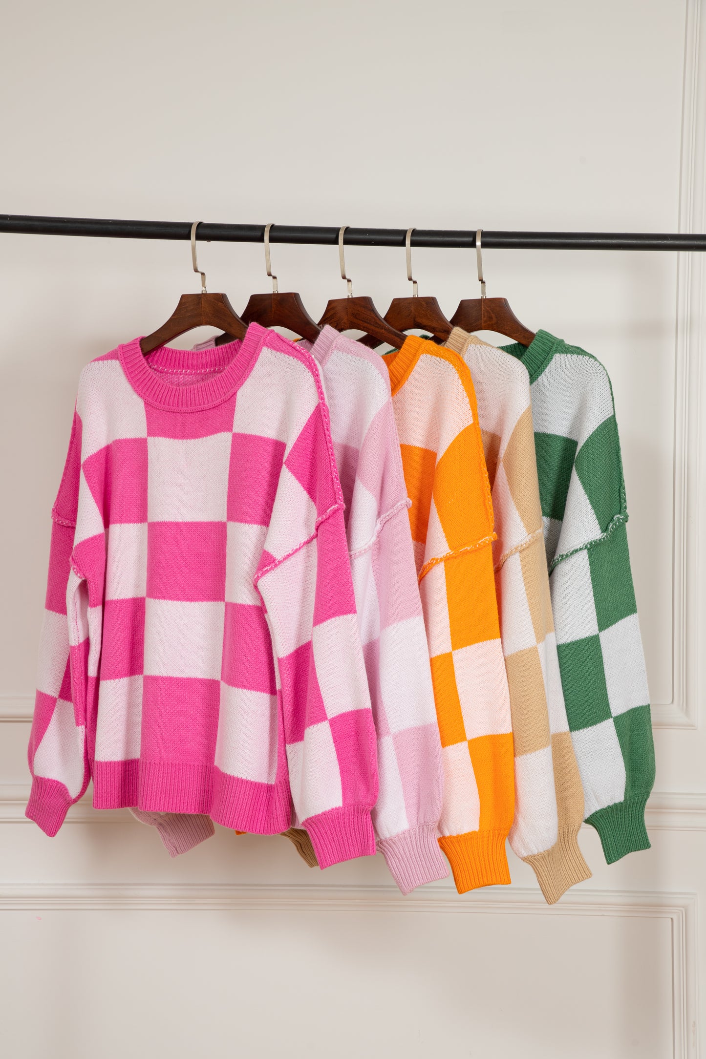 Rose Checkered Bishop Sleeve Sweater