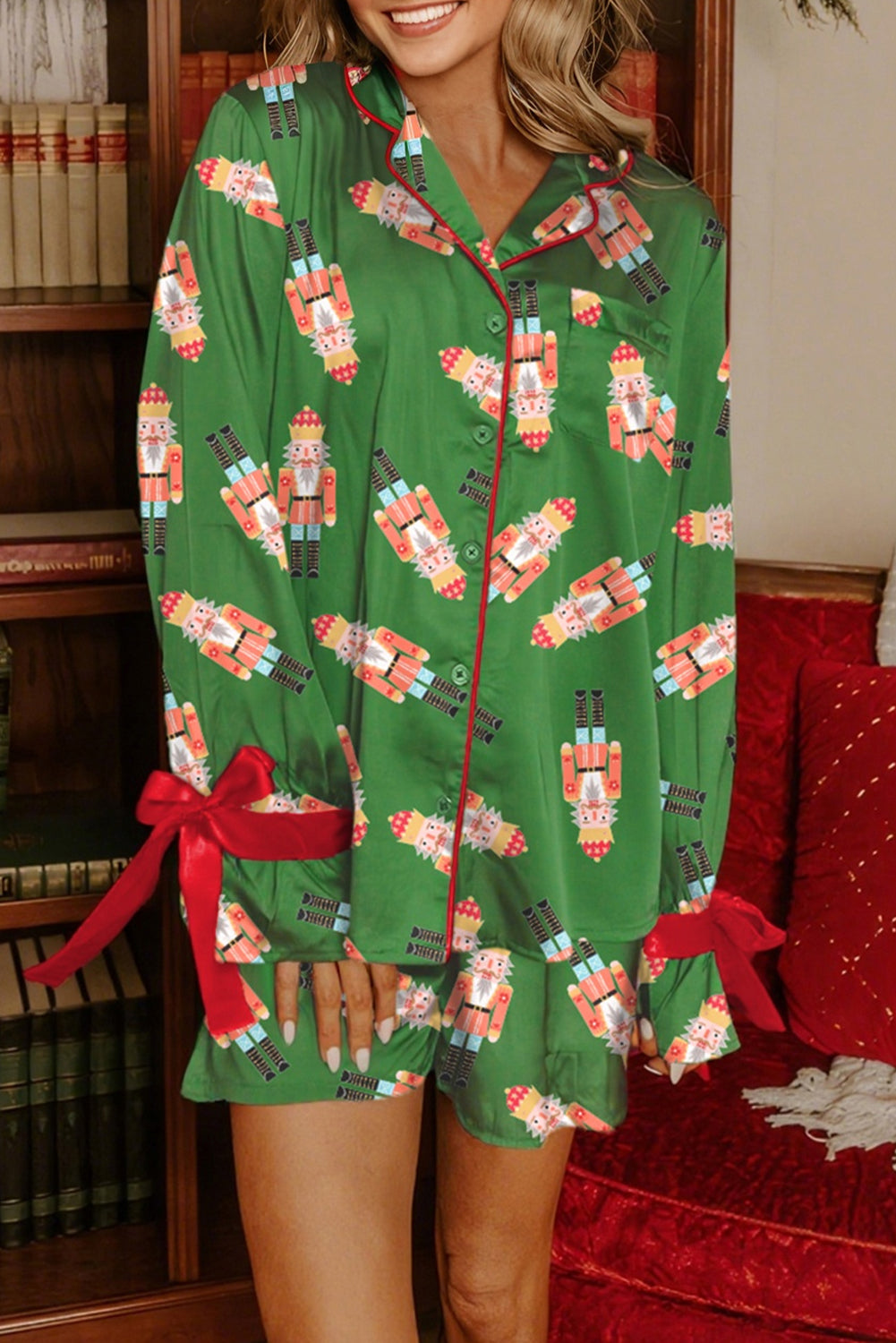 Green Christmas Candy Contrast Trim Bow Knot Silky 2pcs Pajama Set