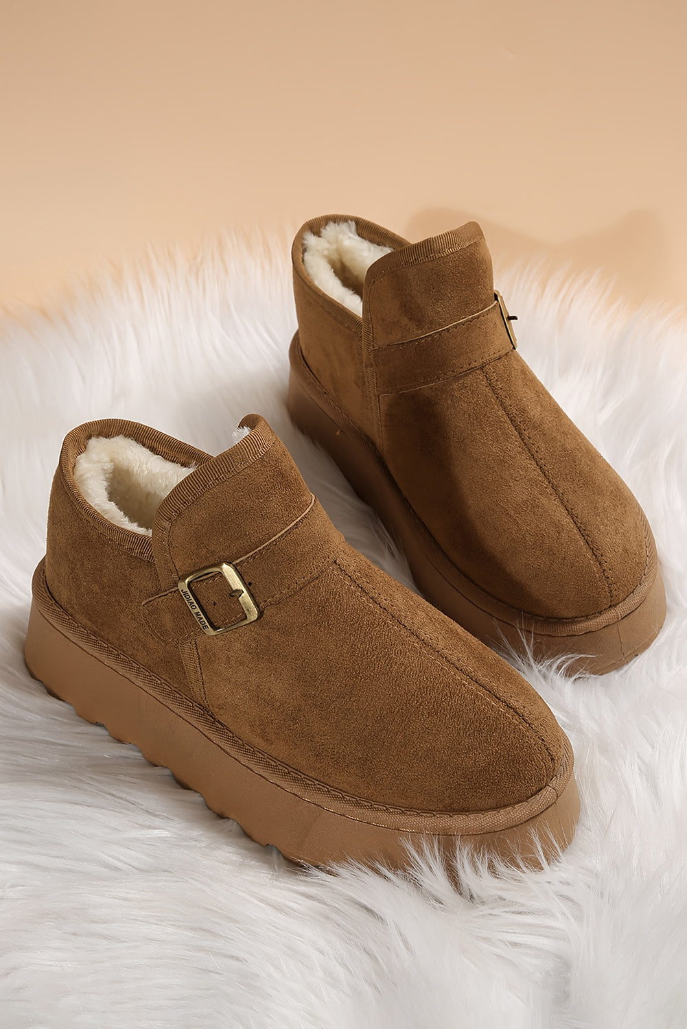 Coffee Buckle Detail Round Toe Platform Cozy Winter Boots