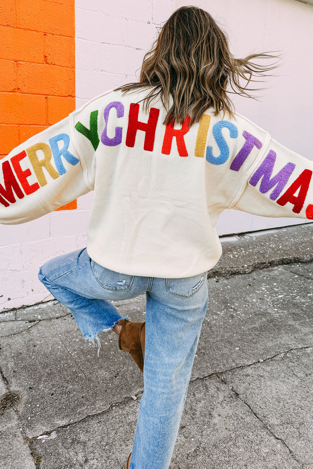 White HOHOHO MERRY CHRISTMAS Chenille Graphic Drop Shoulder Holiday Sweater