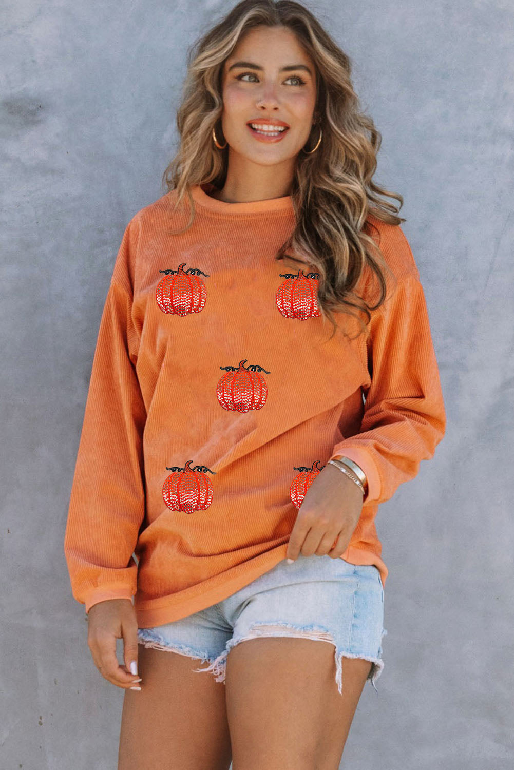 Orange Sequin Pumpkin Patched Twisted Rib Baggy Sweatshirt