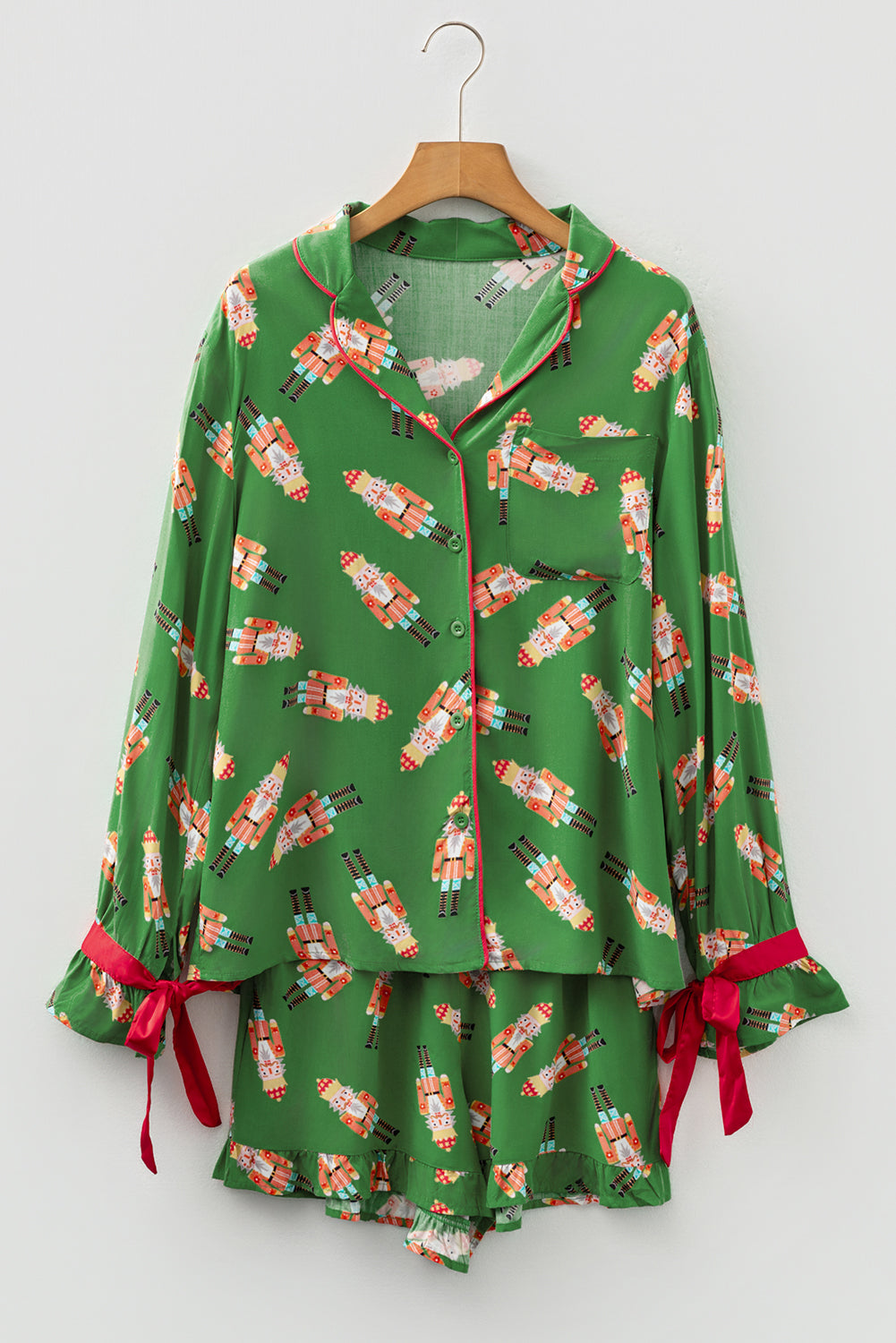 Green Christmas Candy Contrast Trim Bow Knot Silky 2pcs Pajama Set