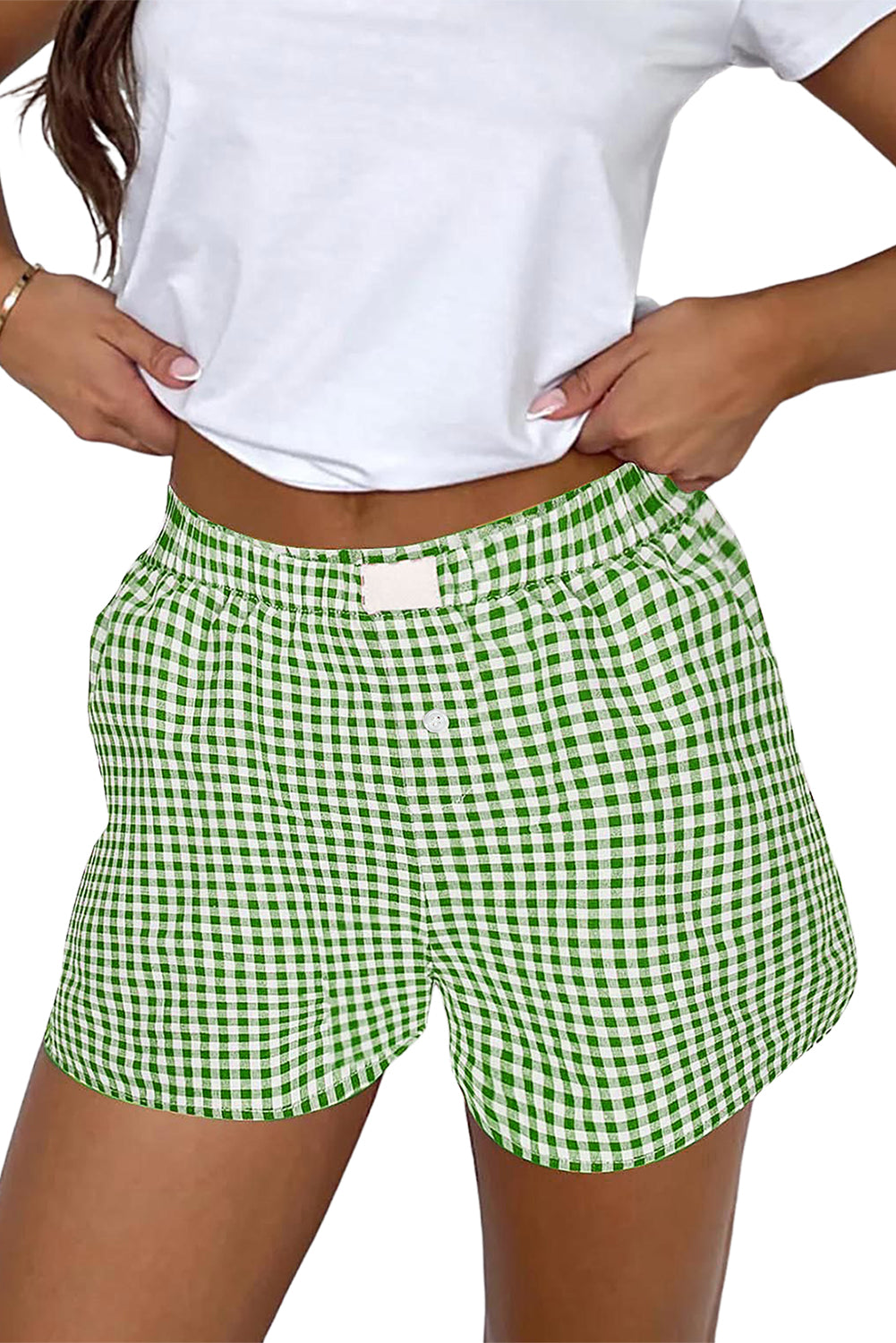 Fern Green Gingham Printed High Waist Shorts