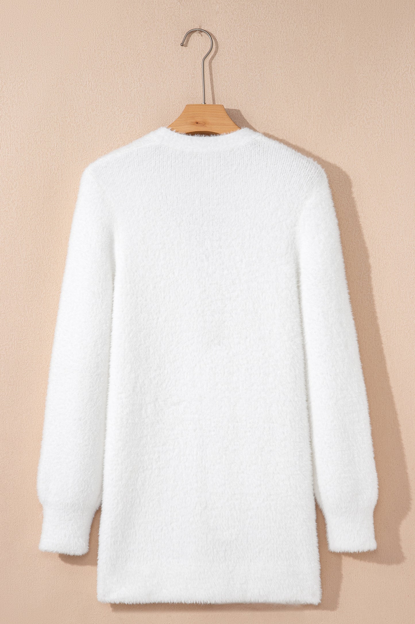White Fuzzy Buttoned Front Midi Solid Cardigan