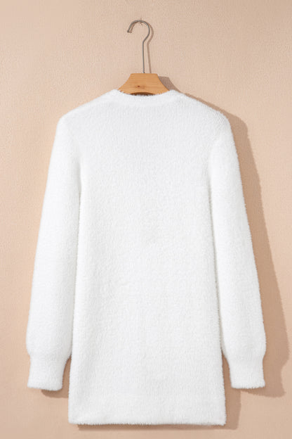 White Fuzzy Buttoned Front Midi Solid Cardigan