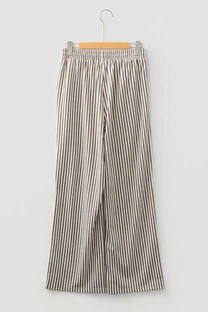 Brown Stripe Elastic High Waist Pocketed Loose Pants