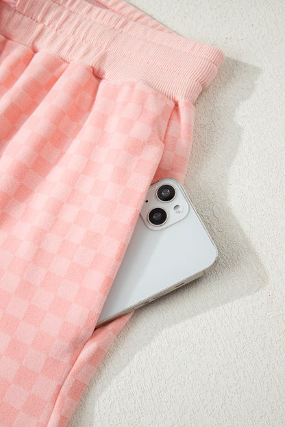 Pink Checkerboard Long Sleeve Pullover and Shorts Set