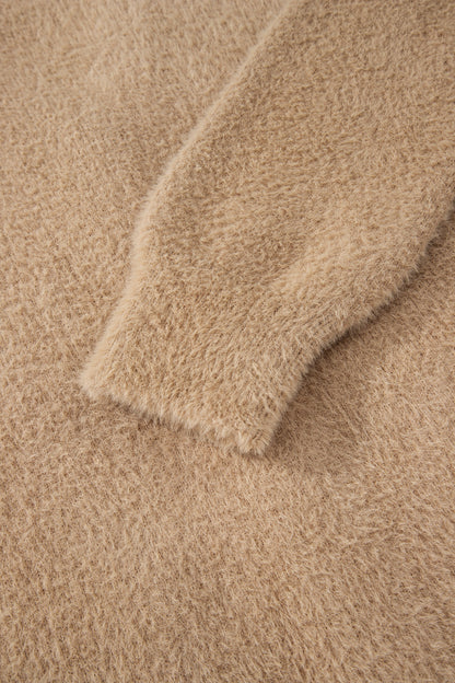 Smoke Gray Fuzzy Buttoned Front Midi Solid Cardigan