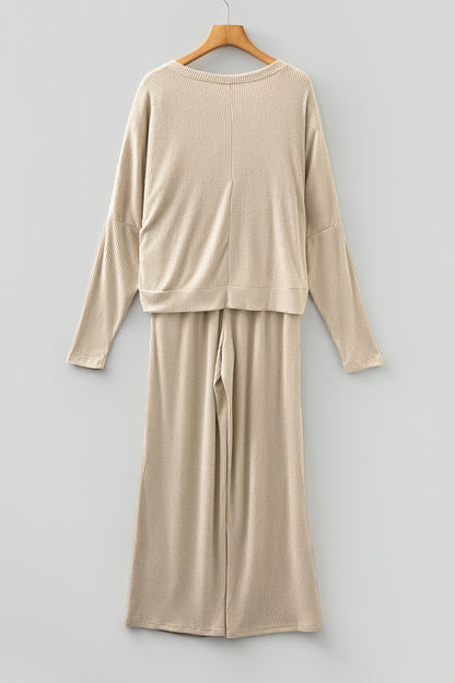 Jet Stream 3D Ribbed V Neck Pullover Drawstring Pants 2 Piece Lounge Set