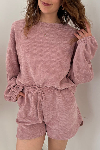 Fushia Solid Color Textured Knit Drop Shoulder Pullover Drawstring Shorts Set