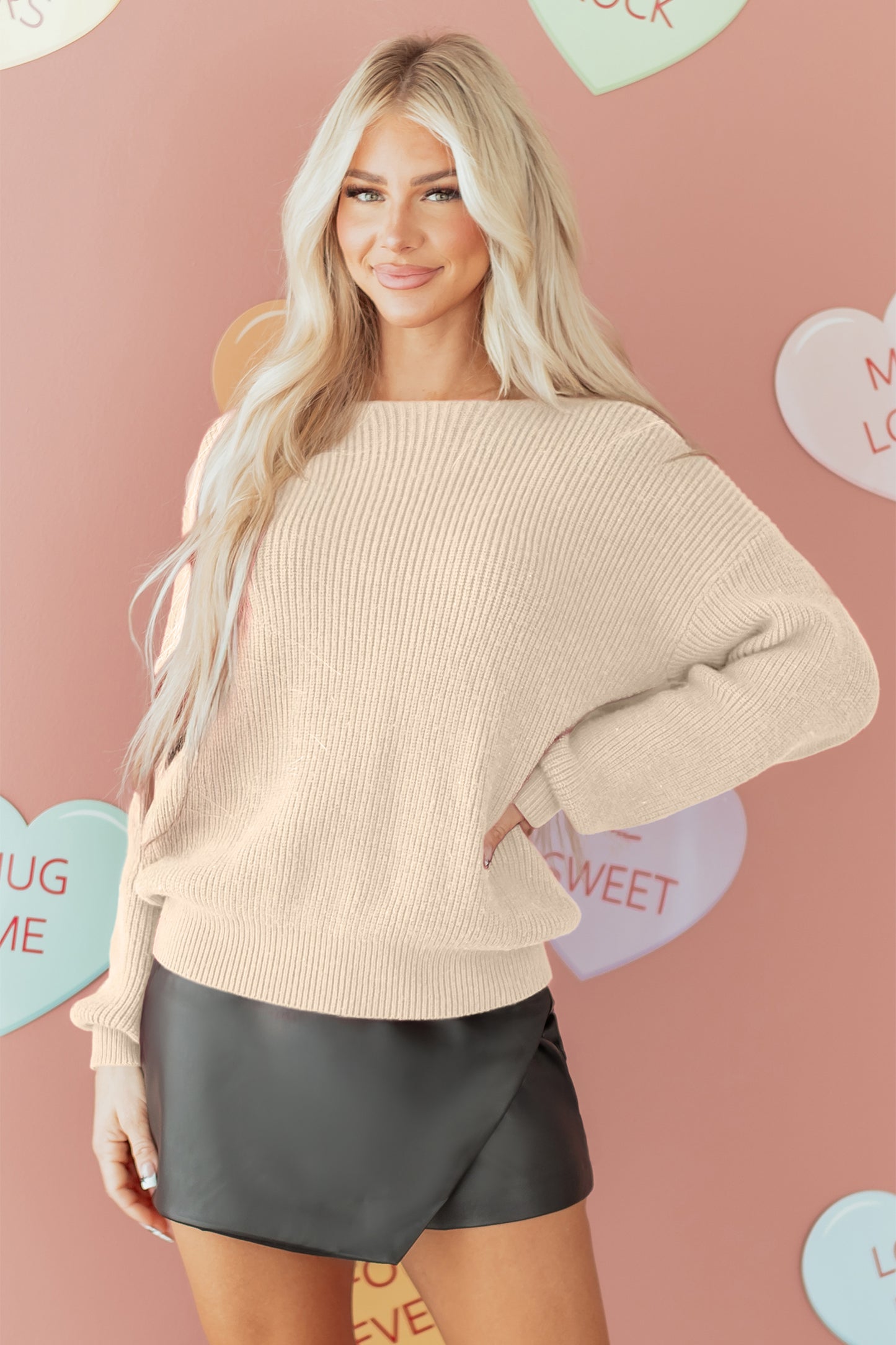 Jet Stream Ribbed Knit Ribbon Knot Backless Drop Shoulder Sweater