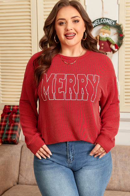 Fiery Red Twist Ribbed MERRY Letter Graphic Plus Size Pullover