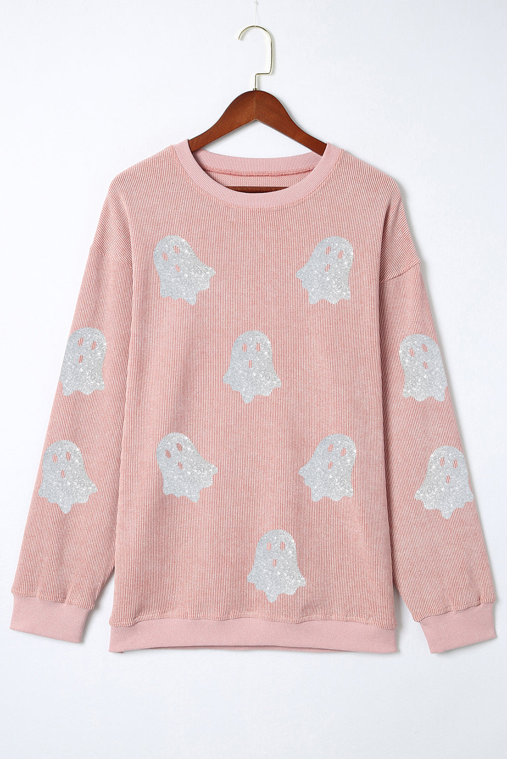 Pink Halloween Ghost Corded Crew Neck Loose Sweatshirt