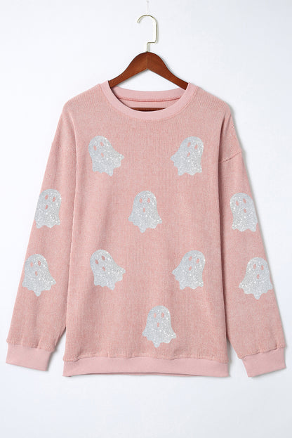 Pink Halloween Ghost Corded Crew Neck Loose Sweatshirt
