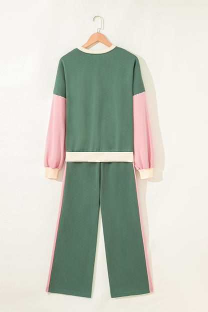 Mist Green 2pcs Color Block Pullover Loose Pant Set