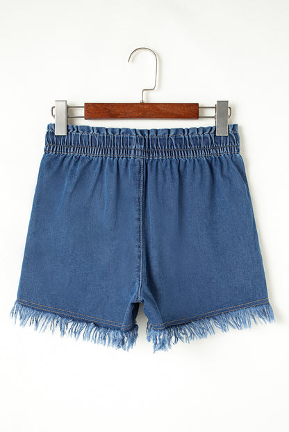 Ashleigh Blue Raw Hem Drawstring Elastic Waistband Denim Shorts with Pockets