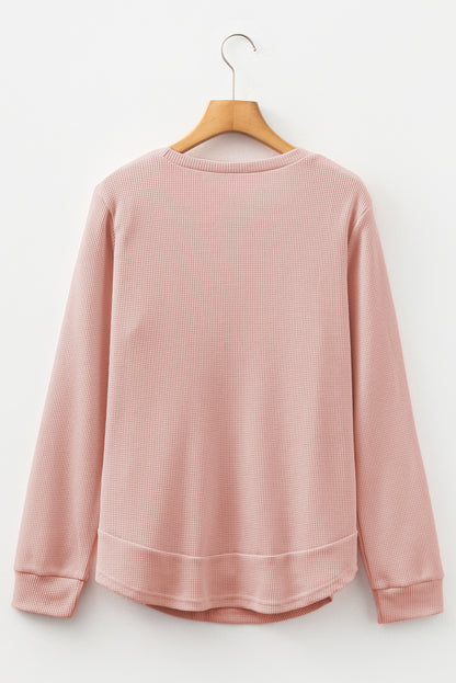 Gossamer Pink Rounded Hem Waffle Long Sleeve Top