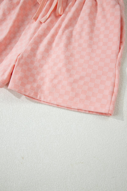 Pink Checkerboard Long Sleeve Pullover and Shorts Set