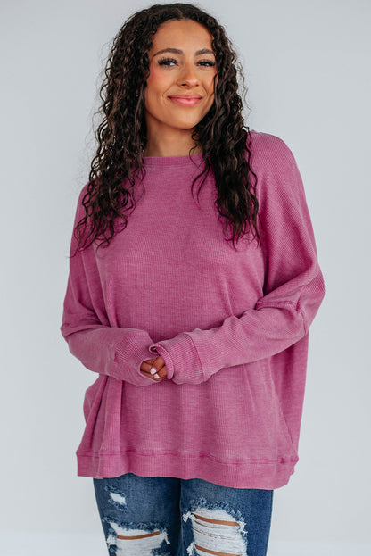 Bright Pink Waffle Knit Patchwork Long Sleeve Loose Top