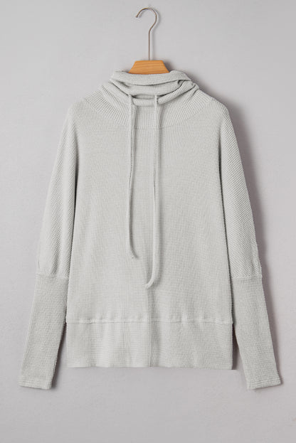 Light Grey Textured Knit Drawstring Cowl Neck Oversize Top with Side Slits