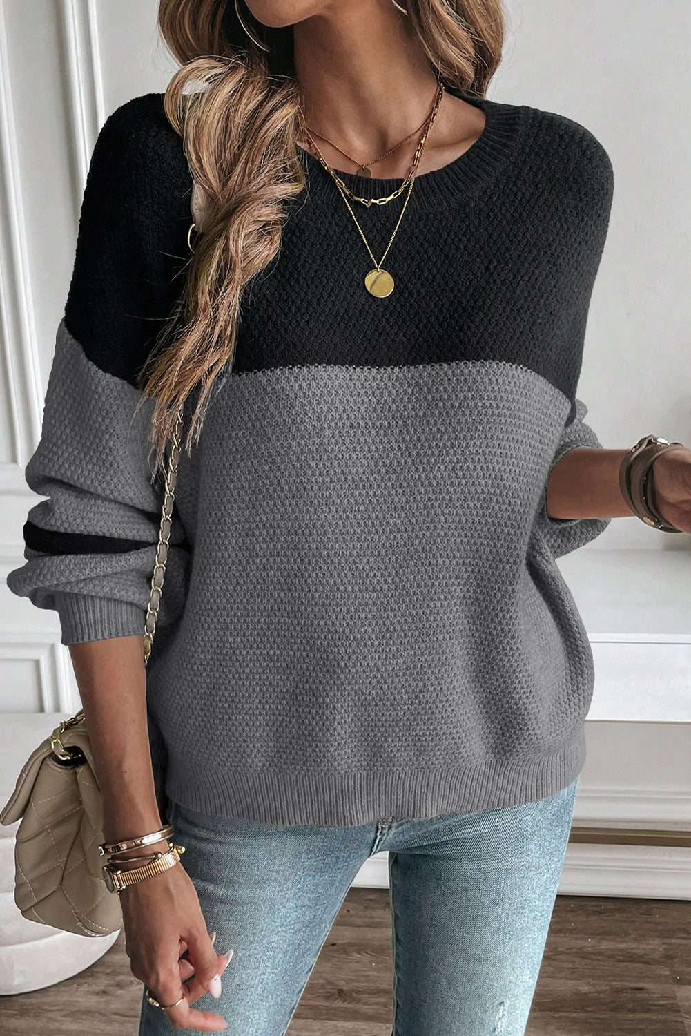 Medium Grey Color Block Knit Striped Sleeve Detail Casual Sweater