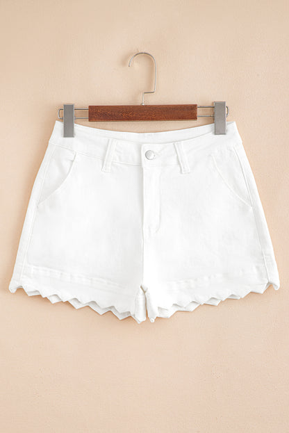 White Scalloped Hemline Acid Wash High Waist Denim Shorts