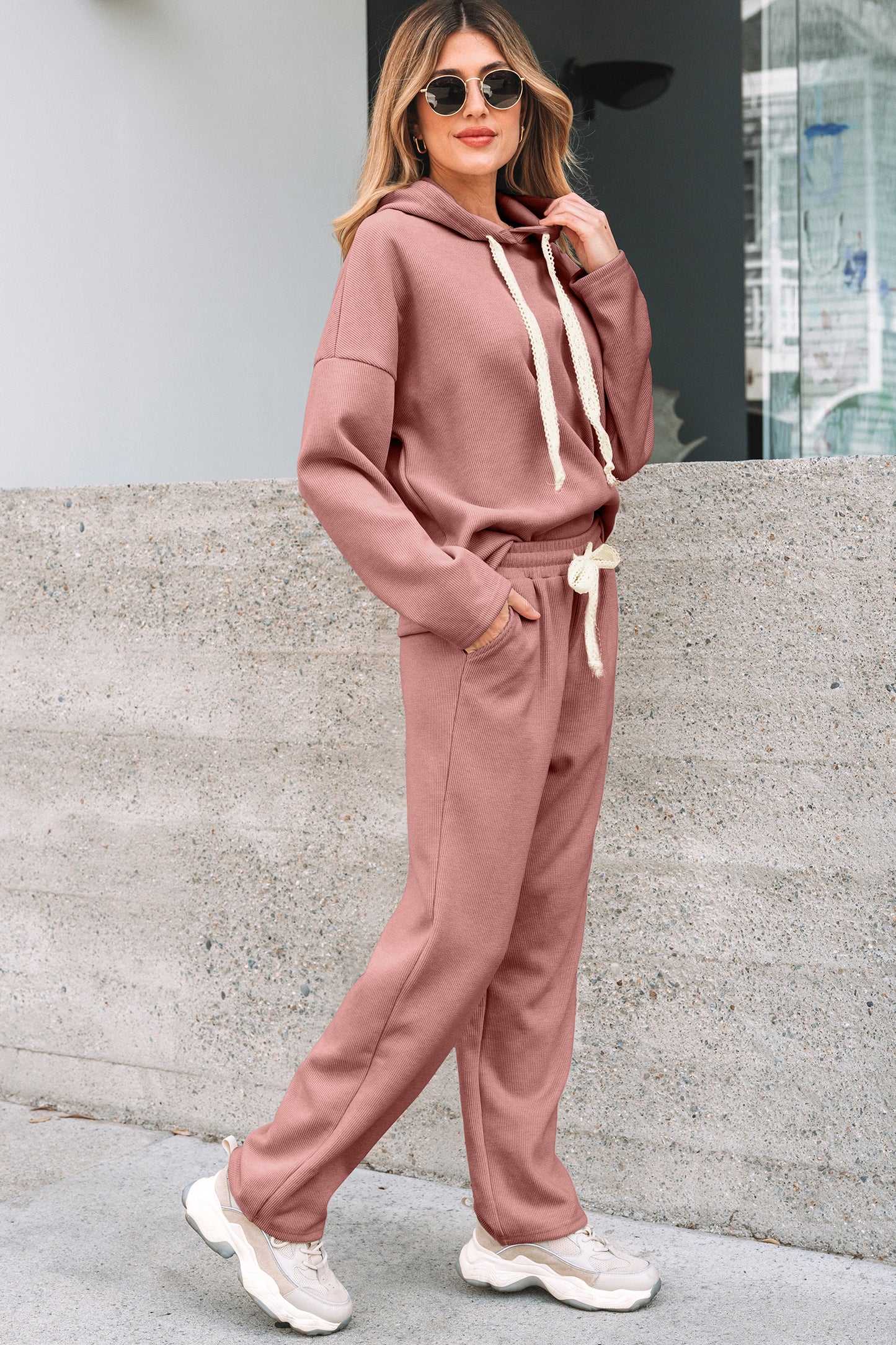 Rose Tan Lace Drawstring Pullover Hoodie and High Waist Pants Corduroy Suit