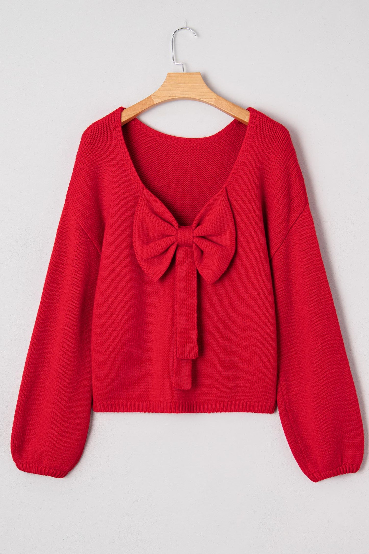 Fiery Red Festive Bow Backless Bubble Sleeve Sweater