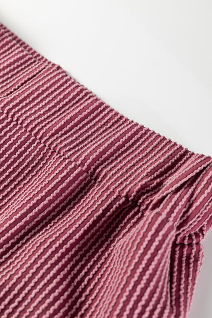 Burgundy Twisted Ribbed High Neck Loose Tee Elastic High Waist Loose Pant Set