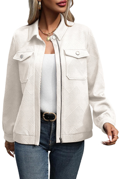 White Solid Color Zip Up Button Flap Pocket Shirt Collar Jackets