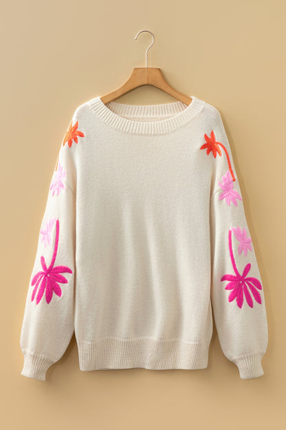 Beige Embroidered Floral Sleeve Round Neck Loose Sweater