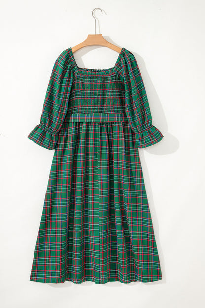 Green Tartan Plaid Square Neck Puff Sleeve Knot Waist Flared Midi Dress