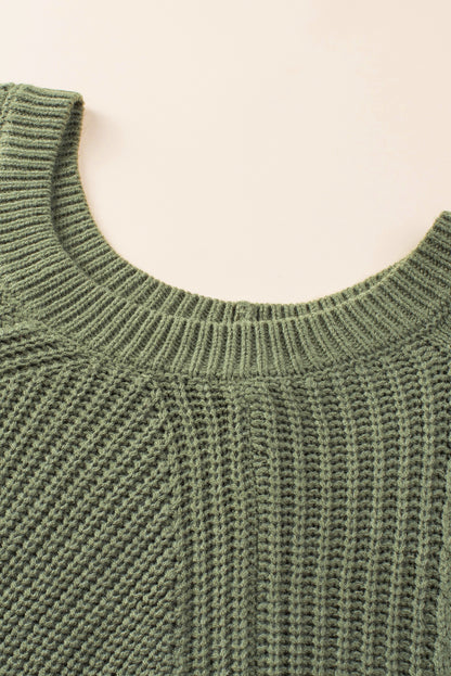 Green Hollow-out Puffy Sleeve Knit Sweater