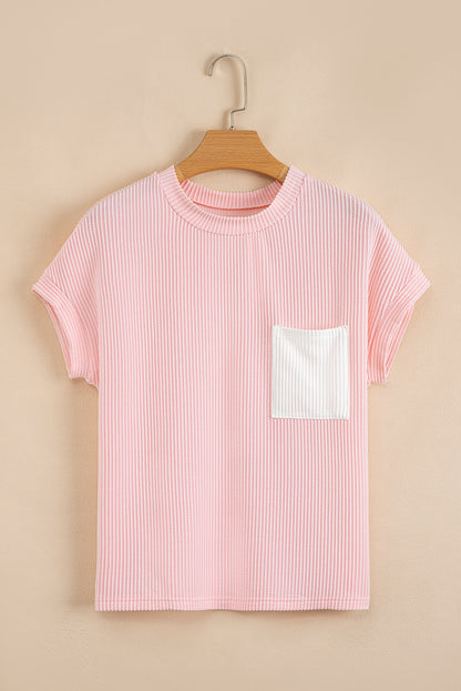 Pink Corded Knit Color Block Pocketed Crew Neck T Shirt