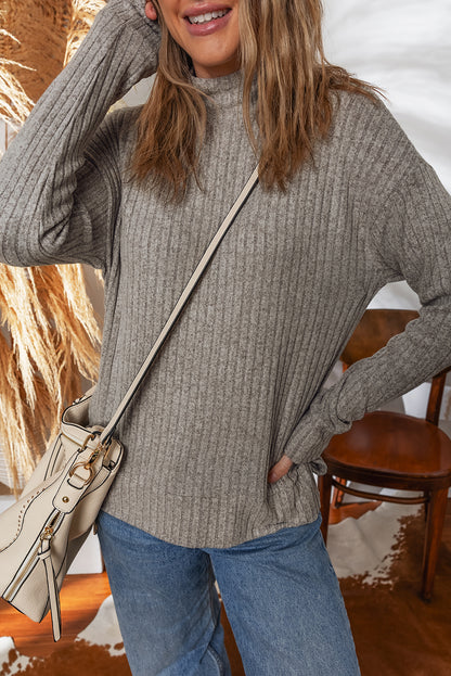 Gray Morn Ribbed High Neck Knitted Pullover Top