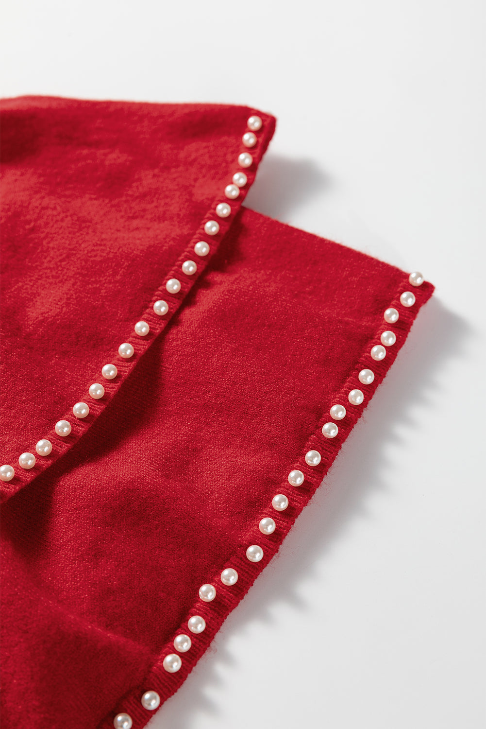 Racing Red Pearl Embellished Double Ruffle Short Sleeve Sweater