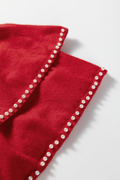 Racing Red Pearl Embellished Double Ruffle Short Sleeve Sweater