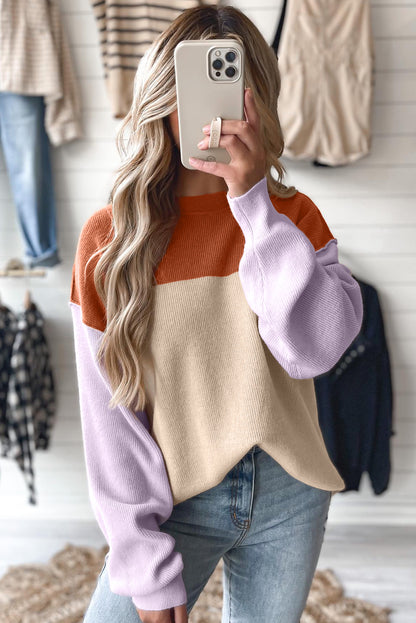Khaki Color Block Plain Ribbed Knit Baggy Sweater