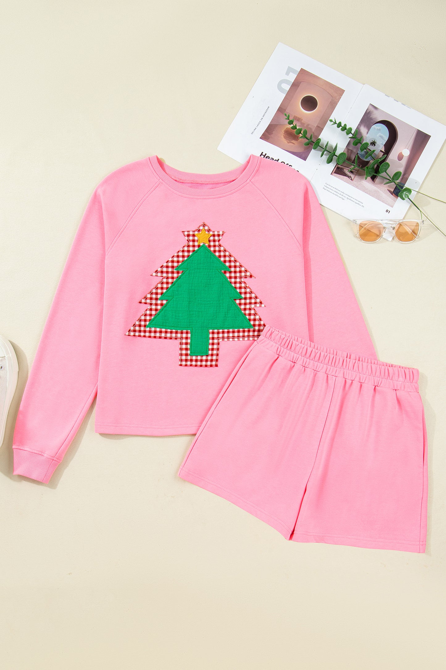 Sachet Pink Plaid Contrasted Double Christmas Tree Patched Raglan Sleeve Pullover 2pcs Short Set