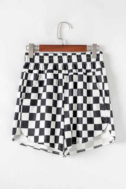 Black Checkered Print High Waist Casual Shorts