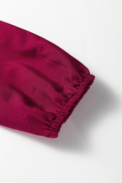 Burgundy Solid Long Sleeve Button V Neck Tiered Maxi Dress