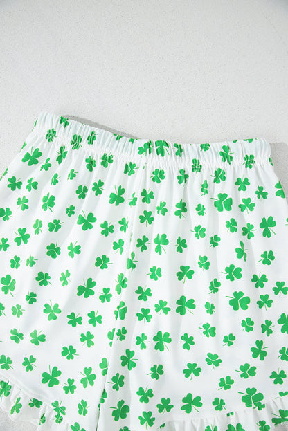 Green Clover Printed Short Sleeve and Ruffled Shorts Pajama Set