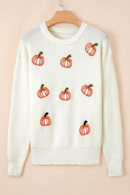 Beige Pumpkin Embroidered Ribbed Thanksgiving Halloween Holiday Sweater